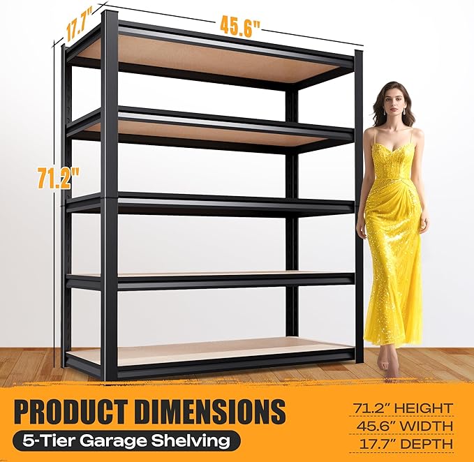 45.6" W Garage Shelving Heavy Duty Storage Shelves, Metal Adjustable Shelving Unit, Utility Garage Organizer Shelf for Basement, Pantry, Kitchen, Warehouse, 45.6" Wx17.7 Dx71.2 H, Black