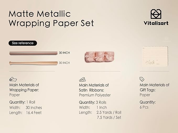 Vitalizart Pink Matte Metallic Wrapping Paper Set 30" With Silk Satin Ribbon & Gift Tags Christmas Gift Wrapping Birthday Baby Shower Wedding Bouquets Handmade Crafts 197"(16.4 Ft) Pink Ribbon