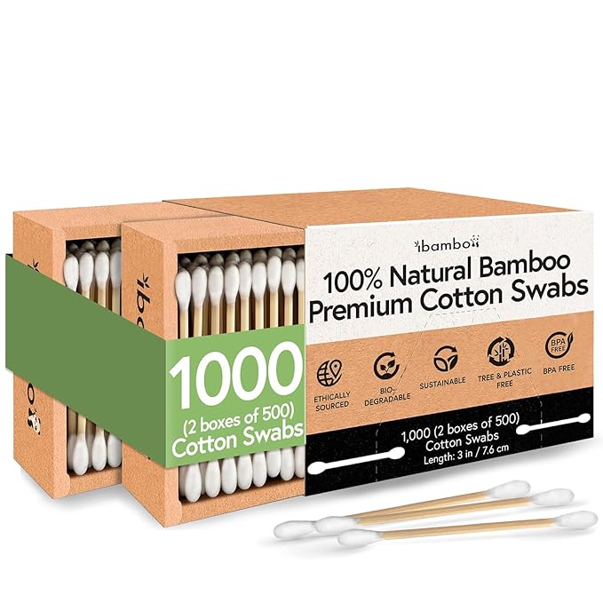 Ibambo 100% Bamboo Cotton Swabs (1000-Pack) | Double Tipped Organic Cotton Swabs for Ears | Biodegradable Beauty & Personal Care Items | FSC Certified & Hypoallergenic | For All Ages & Pets