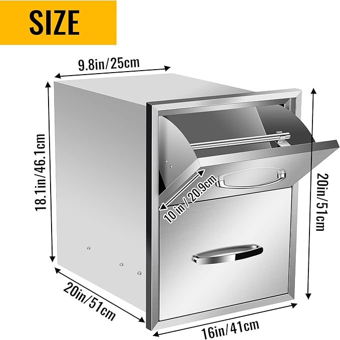 Outdoor Kitchen Drawers Stainless Steel 16W X 20H X 20D Inch, Flush Mount Double BBQ Island Drawers with Handle for Outdoor Kitchens, Patio or Grill Station