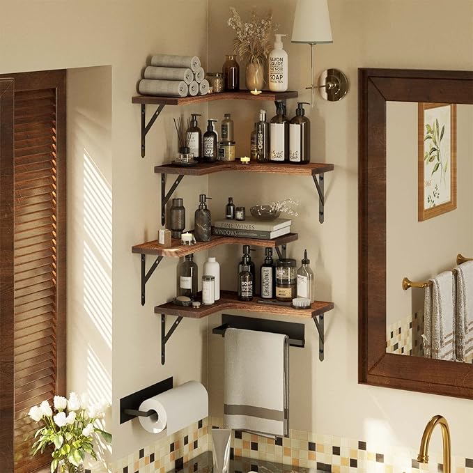 ROMGUAR CRAFT Corner Floating Shelves Wall Mounted Set of 4, Rustic Wood Storage Display Wall Shelves for Home Decor, Bathroom, Kitchen, Bedroom, Living Room, Office (Carbonized Brown)