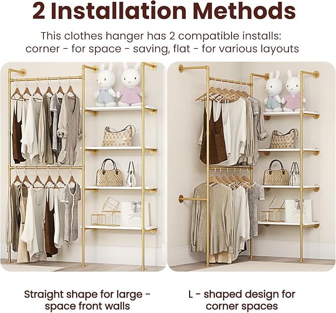 Industrial Pipe Clothing Rack, Heavy Duty Adjustable Garment Hanger with Shelves, 2 Installation Methods Closet Storage System for Wardrobe Organization (Gold, 80" H x 55" W)
