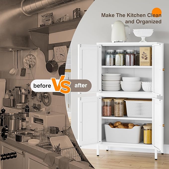 Yizosh Metal Pantry Cabinet,Tall Kitchen Pantry Storage Cabinet with 4 Doors and 2 Adjustable Shelves - 43" White Cupboard Cabinet for Kitchen,Living Room,Dining Room,Home
