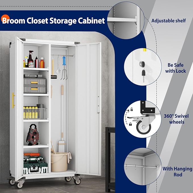 71" Broom Storage Cabinet, Cleaning Tool Storage Cabinet, Garage Utility Storage with Hooks and Hanging Rods, Heavy Duty Garden Tool Organizer, for Home, Garage, Laundry Room, Gym, Workshop