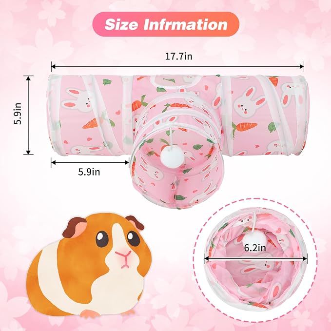 Rypet Guinea Pig Tunnel Hideout 3-Way Collapsible Pet Tubes, Carrot Pink | 3 Way Design for Exploration, Collapsible for Easy Storage, Built-in Play Ball, Hiding & Resting for Hamsters Ferrets