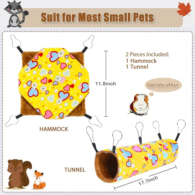 petonfun Ferret Rat Hammock Tunnel Set for Cage Accessories Toys Bed,Yellow | 2 Pack, Large Size, Cute Pattern, Double Sided, Hideout for Guinea Pig and Chinchilla to Hide, Suitable for Most Small Animal