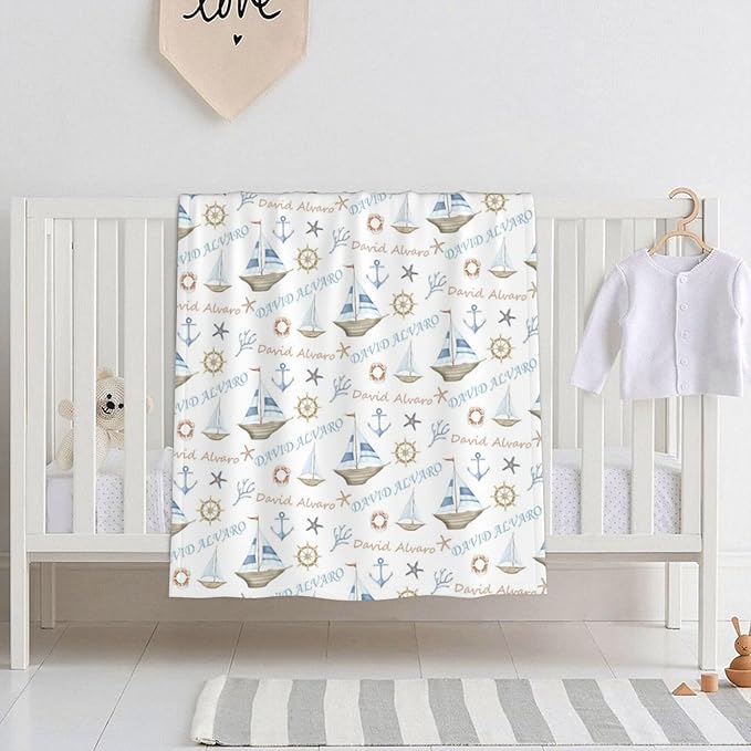Ship Next Day, Personalized Baby Blanket for Boys Girls - Printed in USA, Custom Name Toddler Blanket with Sailboat Pattern, Perfect Newborn Gift