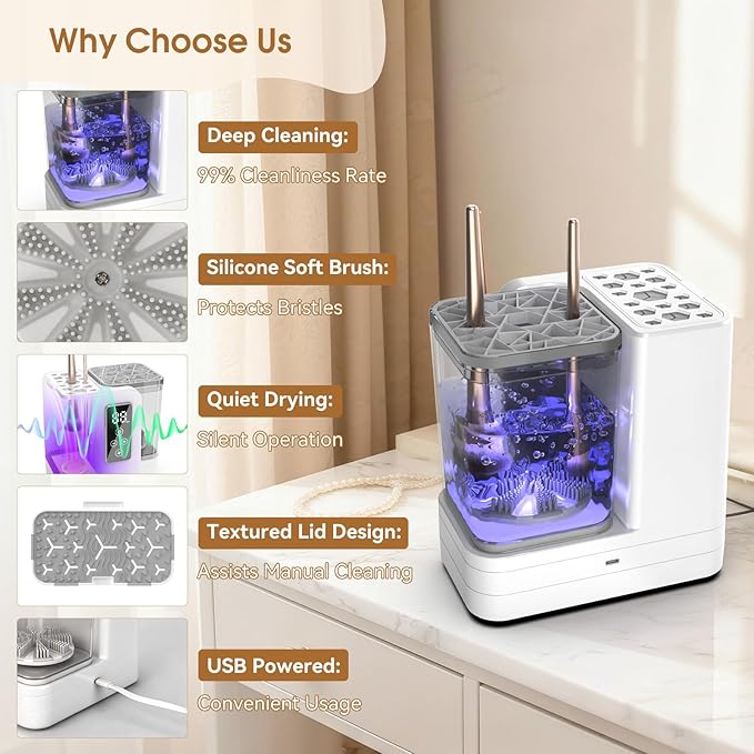 5-in-1 Electric Makeup Brush Cleaner & Dryer Machine- Portable Automatic USB Cosmetic Brushes Cleaner Tool with Deep-Clean Silicone Brush for All Size Brushes (Contour, Eyeshadow, Blush)