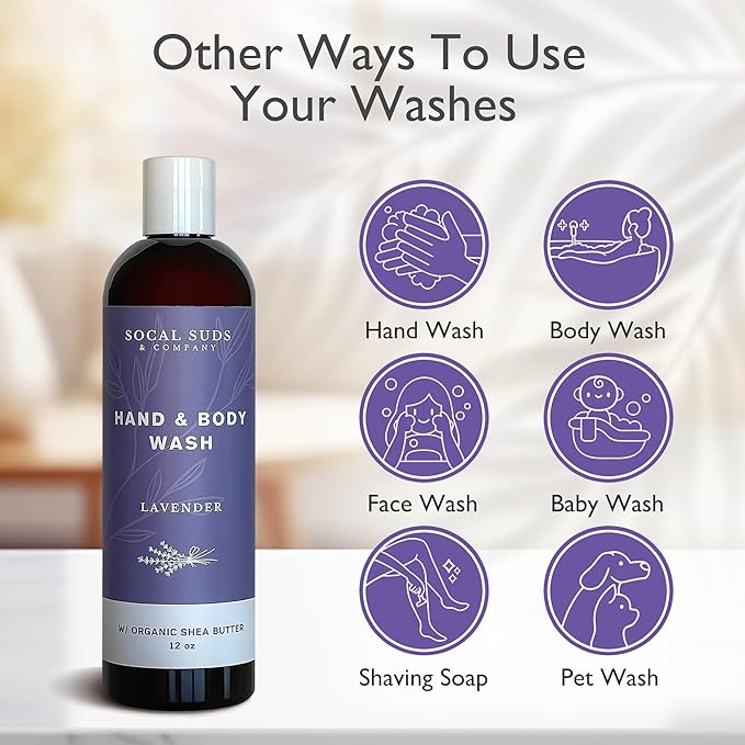 SoCal Suds & Company Organic Shea Butter Body Wash – Lavender Liquid Soap for Hand & Body, Moisturizing Shower Gel, Daily Body Wash for Women, Men & Unisex, Gentle Skin Care & Protection - (12oz)