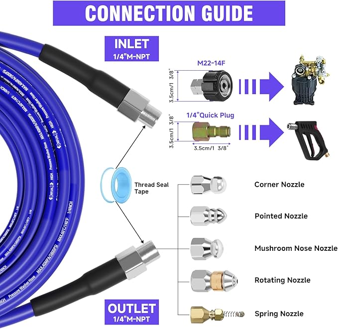 NIFUAL 200FT Sewer Jetter Kit for Pressure Washer, 5800PSI Drain Cleaner Hose 1/4 Inch NPT Corner, Rotating and Button Hose Sewer Jetting Nozzle Waterproof Tape Pearl Corsage Pin Spanner Glove