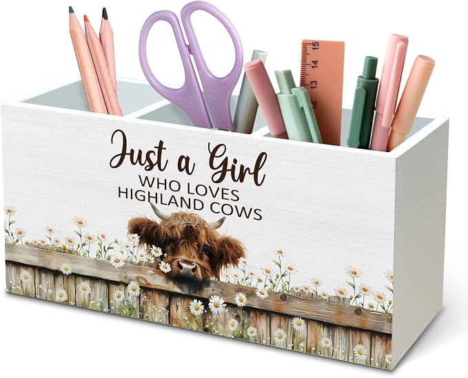 DILSJ Highland Cow Decor Pen Pencil Holder Organizer for Desk, Highland Cow Gifts for Women, Just a Girl Who Loves Cows Wooden Box Signs for Home Office Desk Tabletop Decoration