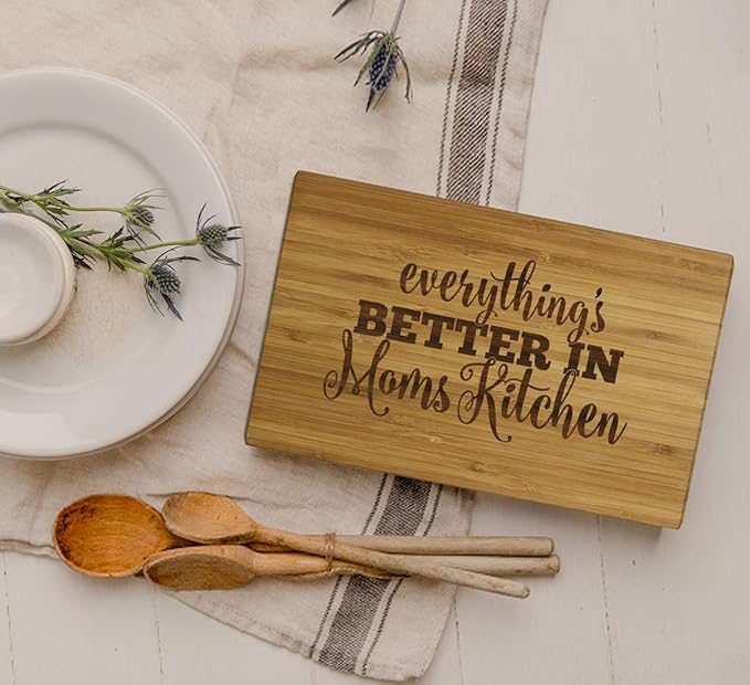 Andaz Press Laser Engraved Small Bamboo Wood Cutting Board, 9.5 x 6-inch, Everything is Better in Mom's Kitchen, 1-Pack Mother's Day Mom's Birthday Christmas Cutting Boards For Kitchen