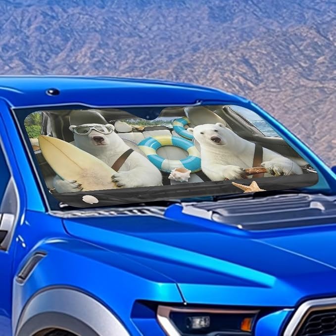 Cute Polar Bear Car Front Windshield Sun Shade Fit Most Cars SUV Trucks Universal Funny Sun Visor for UV Protection Foldable Front Window Cover Car Interior Accessories