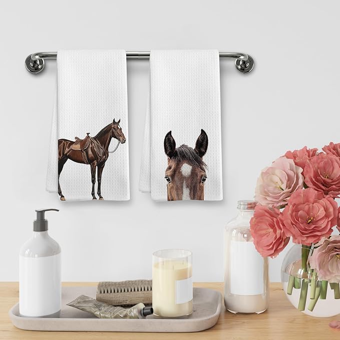 Funny Horse Kitchen Towels and Dishcloths Sets of 2, Horse Decor Gifts for Girls Room Home, Farmhouse Rustic Cabin Farm Nursery Home Decor Dish Hand Tea Towels for Bathroom Kitchen, 16x24Inch
