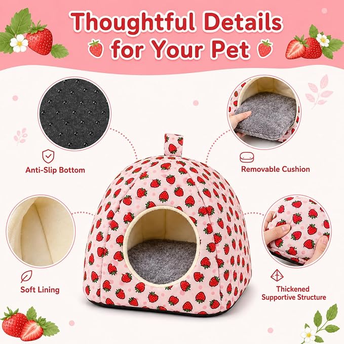 Guinea Pig Hideout Tunnel Set, 2 Pack Washable Small Animal Bed with Removable Cushion, Hamster Hideout Play Tunnel Toys for Guinea Pigs, Hamsters, Hedgehogs, Ferrets, Pink Strawberry