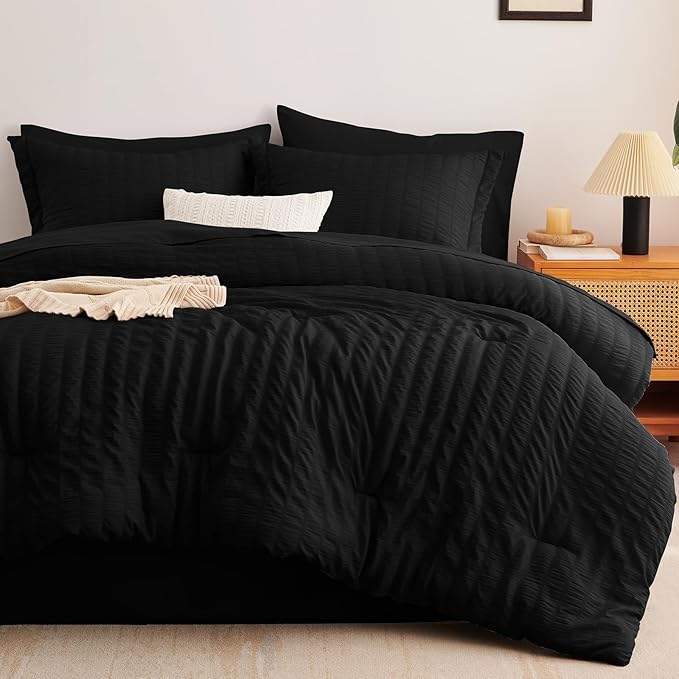 CozyLux Twin XL Comforter Set with Sheets Seersucker Black 5 Pieces Bed in a Bag, Twin Extra Long Luxury Soft Bedding Sets for College Dorm with Down Alternative Comforter, Sheets, Pillowcases & Shams