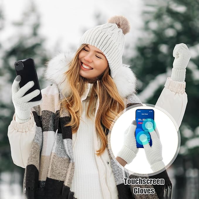 SATINIOR 5 Pcs Winter Hat Scarf Gloves Set Fleece Warm Lined Knit Beanie Hat Touch Screen Earmuff Gloves Warmer for Women(White,Fresh Style)