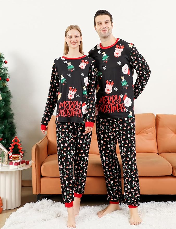 Family Christmas PJs Matching Sets, Cute Holiday Pajamas Printed Top and Pants, Xmas Jammies for Couples/Men/Women