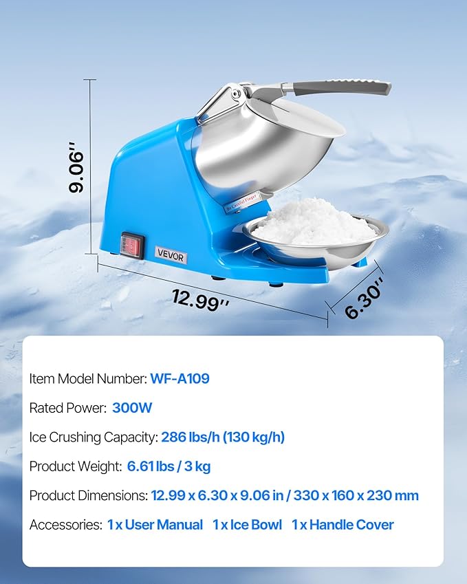 VEVOR Ice Crusher Machine, 286lbs Per Hour Electric 4 Blades Snow Cone Maker, Stainless Steel Shaved Ice Machine with Bowl and Cover, 300W 2000RPM Ice-Shaver for Home and Commercial Use, Blue