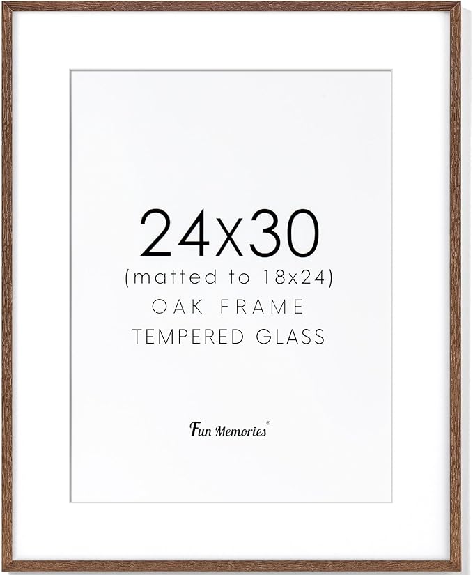 Oak Wood Picture Frame - 24"x30" Poster Frame with Tempered Real Glass, Matted for 18x24 Picture, Walnut Color, 1 Pack
