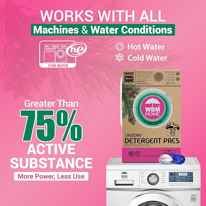 WBM Laundry Detergent Pods - Ultra-Concentrated, Hypoallergenic, Stain-Fighting, Evergreen Scent, 32-Pack, Recyclable Packaging for Eco-Friendly Cleaning