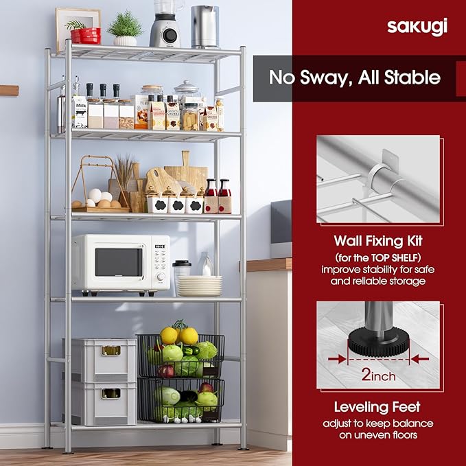 Storage Shelves - 5 Tier Shelf Organizer, Heavy Duty Garage Shelving Unit with Leveling Feet, Stable Metal Shelves Organizer for Pantry, Kitchen and Closet, 33.0" W x 12.6" D x 72.0" H, Silver