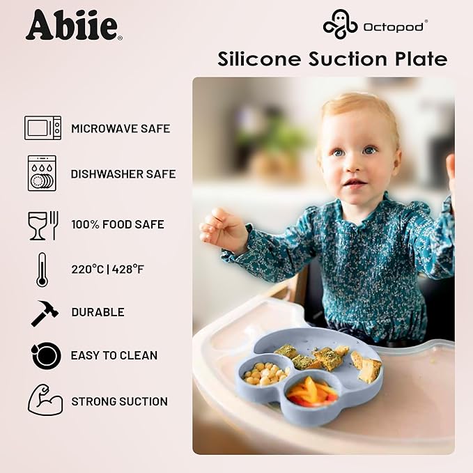 Abiie Octopod Frog Silicone Plates with Suction - Spill Proof, Easy to Clean - BPA-Free Bowl - Suction Plates for Baby and Toddler - Training & Feeding Divided Grip Dish (Baby Blue)