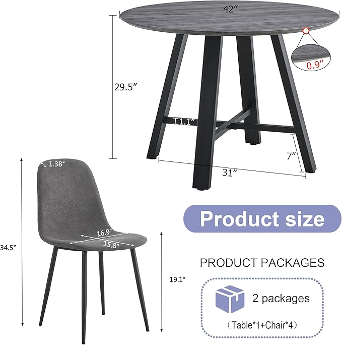 Round Dining Table Set for 4, Modern Kitchen Dining Table and Chairs Set for 4,42" Dining Room Table Set for 4,Round Wood Table Set for 4 with Gery Fabric Chairs for Small Space Kitchen Office