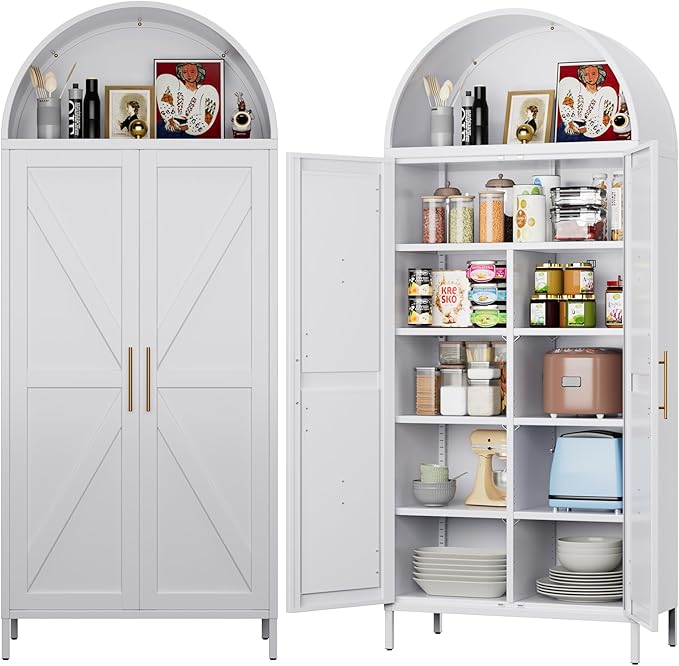 Metal Arched Kitchen Pantry Cabinet with 6 Adjustable Shelves, Farmhouse Arched Cabinet with 2 Doors for Kitchen,Bedroom,Living Room,White, Assemble Required,15.4" D x 30.7" W x 72.8" H