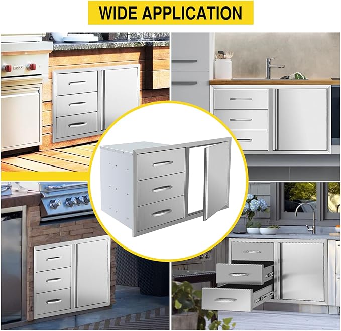 Outdoor Kitchen Drawers Stainless Steel 38.3W X 22.7H X 20.7D Inch, Flush Mount Triple BBQ Island Drawers with Handle for Outdoor Kitchens, Patio or Grill Station