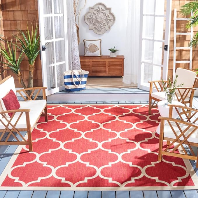 SAFAVIEH Washable Rug Outdoor Courtyard Collection - 8' x 11', Red & Bone, Non-Shedding & Easy Cleaning, Ideal for Patio, Backyard, Mudroom (CY6914-248)