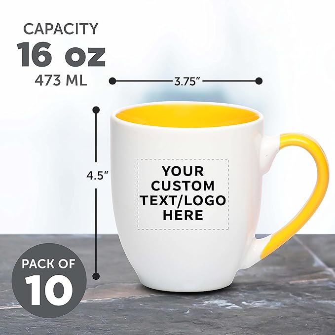 Custom Bistro Style Large Coffee Mugs 16 oz. Set of 10, Personalized Bulk Pack - Perfect for Coffee, Tea, Espresso, Hot Cocoa, Other Beverages - Yellow