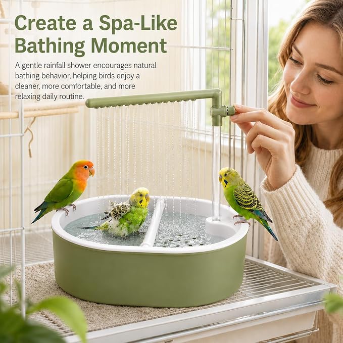 Bird Shower, Automatic Bird Bath for Cage, Light Green | Adjustable valve, hidden-cord pump, dual perches, 4 natural rattan balls, waterproof mat, indoor parakeet use