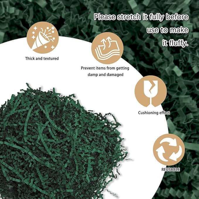 2 LB Dark Green Crinkle Cut Paper Shred Filler Great for Gift Wrapping, Basket Fillers, Birthday, Gift Wrapping, Anniversary, Halloween Thanksgiving Christmas Party Decor Filling Supplies