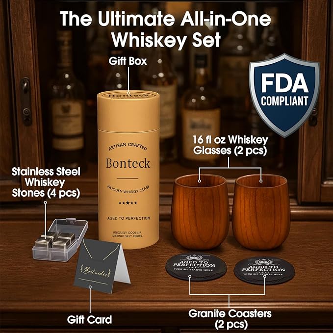 Wooden Bourbon Drinking Glass | Bourbon Gifts for Men | Large Old Fashioned Glass | 16 oz Wooden Whiskey Tumbler | Birthday Whiskey Gifts for Men, Husband, Dad or Brother (2 Pack)