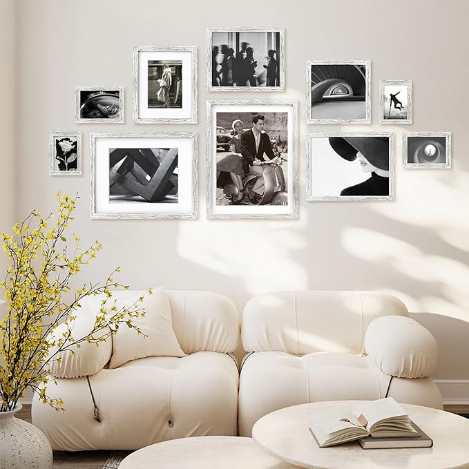 Egofine 8x10 Picture Frames Set of 4, Made of Solid Wood Covered by Plexiglass 4x6 and 5x7 with Mat or 8x10 without Mat, for Table Top Display and Wall Mounting Photo Frame Driftwood White