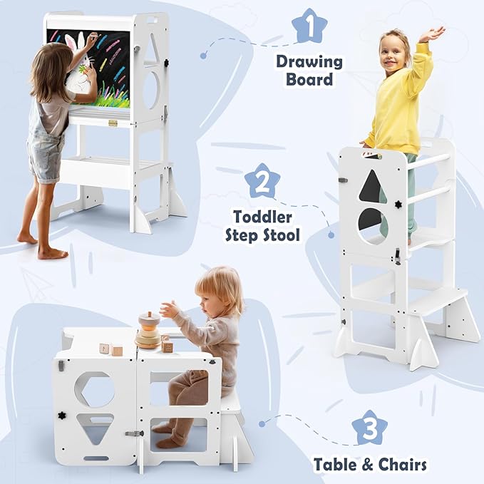 Woodure 4 in-1 Toddler Kitchen Step Stool, Foldable Learning Standing Tower with Blackboard, Wooden Kitchen Stool Helper for Kids, 1-3 Year Old Boy Girl Gifts - White