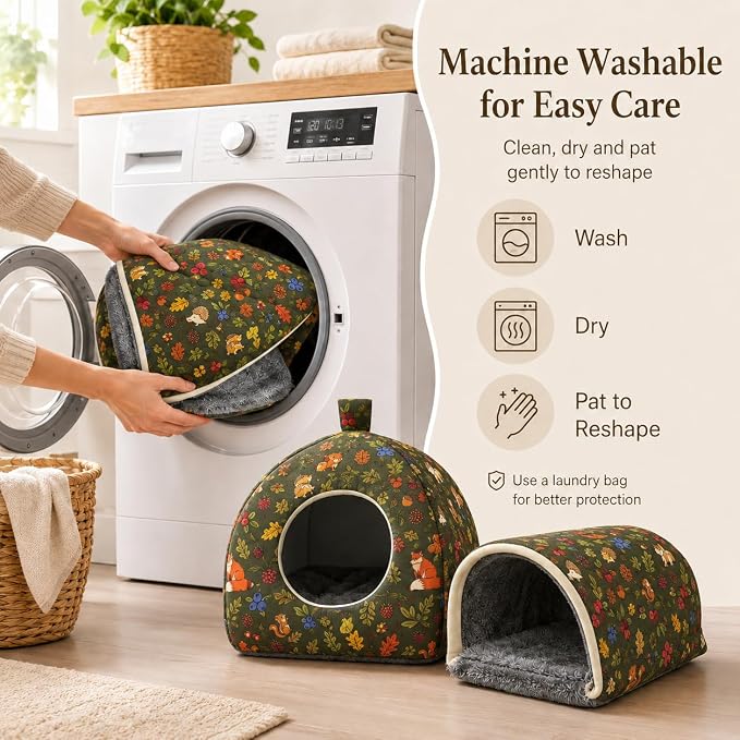 Hamster Hideout Tunnel Set, 2 Pack Washable Small Animal Bed with Removable Cushion, Cozy Play Tunnel Cage Accessories for Hamsters, Hedgehogs, Mice, Rats, Gerbils, Green Forest