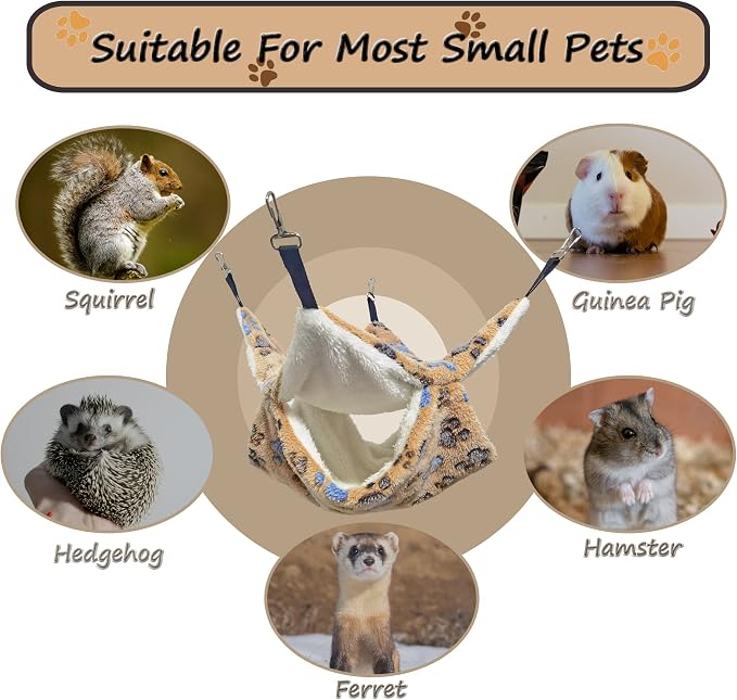 Guinea Pig Ferret Hammock for Cage - Machine Washable Double-Decker Hanging Bed - Fits Sugar Glider,Fancy Rat,Hamster,Gerbil - 13.3" x 13.3" Coffee-Footprints