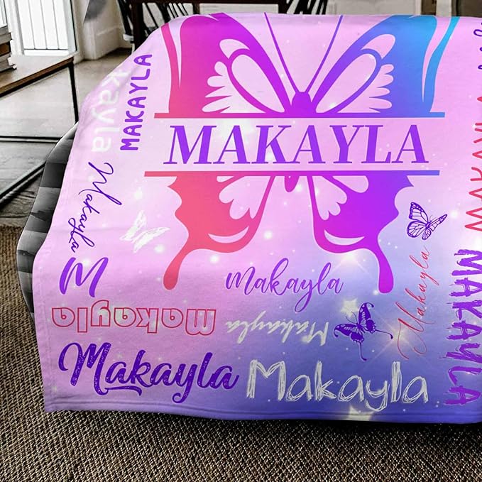Custom Christmas Blanket for Kids, Personalized Throws Blankets Birthday Butterfly Rainbow Pattern Customized Gifts for Teen Girls Boys, Name Blanket for Baby Grandkids