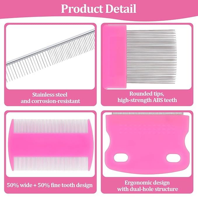 6 Pack Pet Grooming Combs, Stainless Steel Dog and Cat Grooming Combs with Rounded Teeth, Double-Sided Professional Pet Tear Stain Remover for Small, Medium, and Large Pets (Pink)