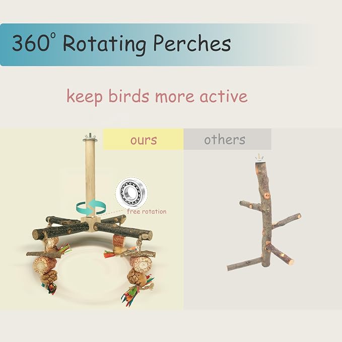 Bird Perch 360° Rotating Perch with Natural Chew Toys - Spinning Bird Toys Cage Accessories- Parrot Wooden Stand for Small and Medium Birds (Parakeets, Budgies, Cockatiels, Conures, Finches)