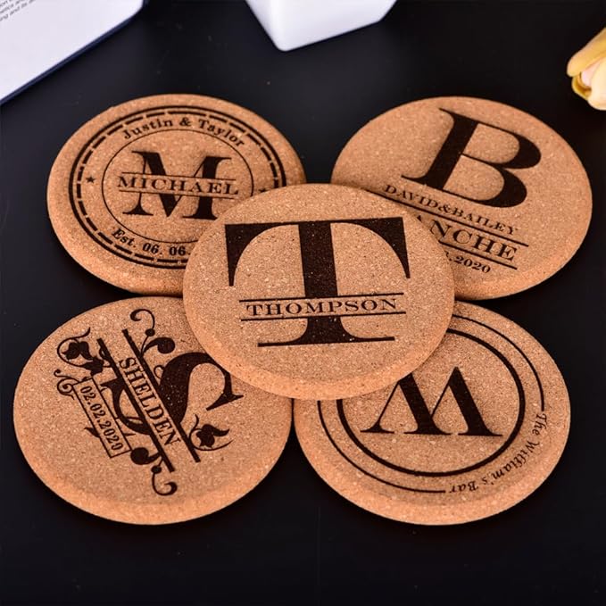 Personalized Cork Coasters for Drinks, Custom Engraved Absorbent Heat & Water Resistant Coasters for Cups and Mugs (S)