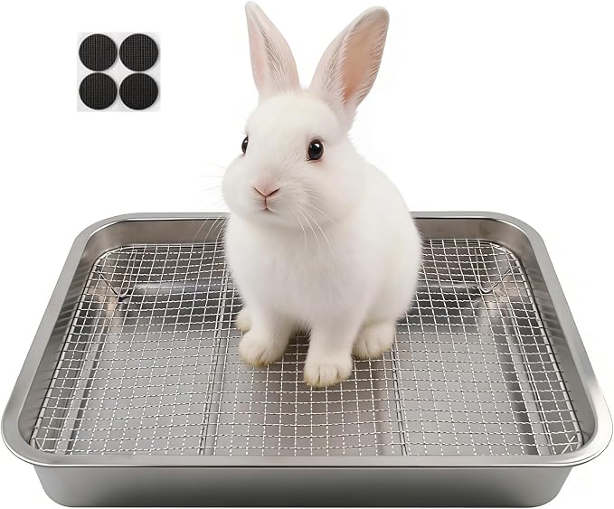 Rabbit Litter Box Stainless Steel Gird Rabbit Litter Box,304 Stainless Steel Sifting Tray with &Non-Slip Feet Mats,Small Animal Toilet Potty Tray Easy to Clean and Wash