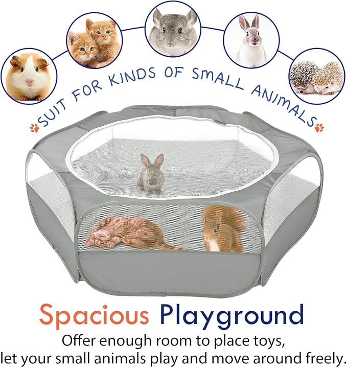Pawaboo Small Animal Playpen with Zippered Cover,Light Gray | Portable pop-up pet tent for supervised rabbits, guinea pigs, chicks and kittens; water-resistant bottom and 3 metal rods