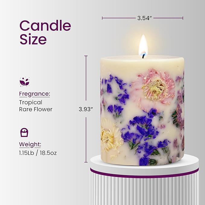 VIONAMI Botanical Scented Pillar Candle - Tropical Rare Flower Fragrance Candles Gifts for Women, Gift Ready - Decorative Natural Soy Scented Candles with Dried Flowers for Home (Forget Me)