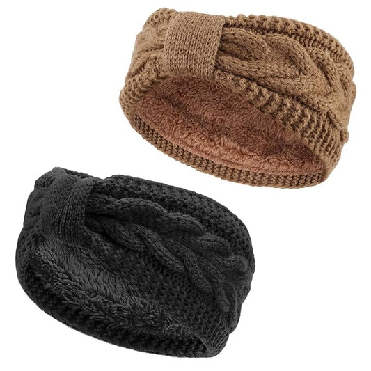AQOKKA Knit Winter Headbands for Women Fuzzy Wool Fleece Lined Ear Warmers Elastic Turban Crocheted Head Wrap Winter Accessories for Women Cold Weather