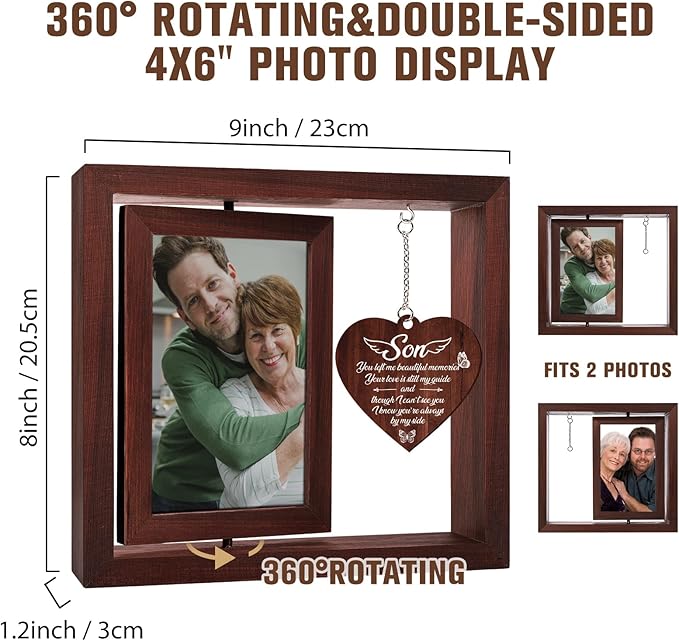 Vetbuosa Memorial Gifts for Loss of Son,Rotating Wooden Picture Frame, Sympathy Gift Keepsake, Healing Grief Gift for Loss of Son, Remembrance for Funerals, Memorial Ceremonies, Fits 4x6 In Photo