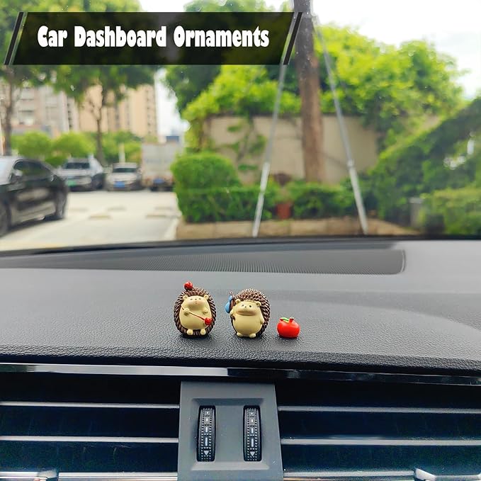 Little Hedgehogs with Apple Car Dashboard Decorations, Rear View Mirror Accessories Car Dash Decor, Cute Animal Ornaments Dashboard Accessories