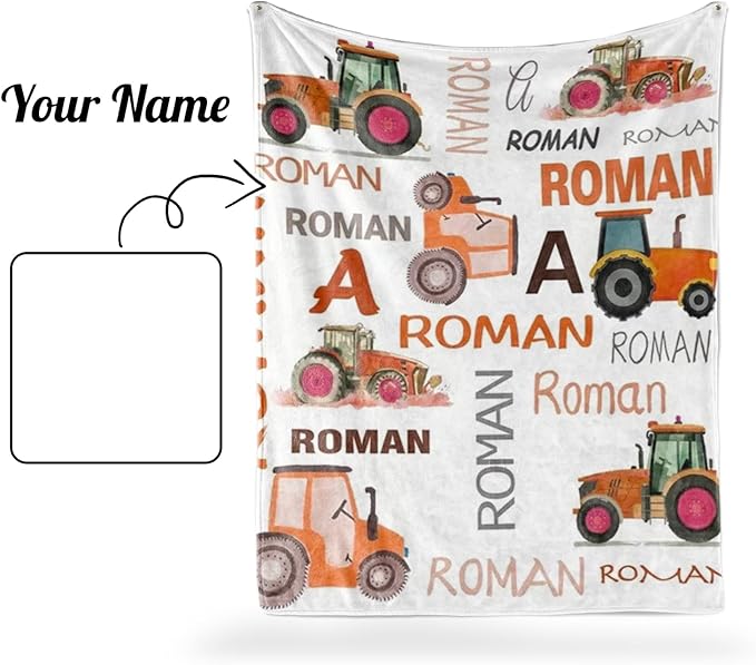 Personalized Tractors Blanket - Custom Name with Farm Tractor Trucks Design - Soft Plush Flannel Bed Blanket for Baby Kid Teen Boys Girls Customized Gifts White & Orange